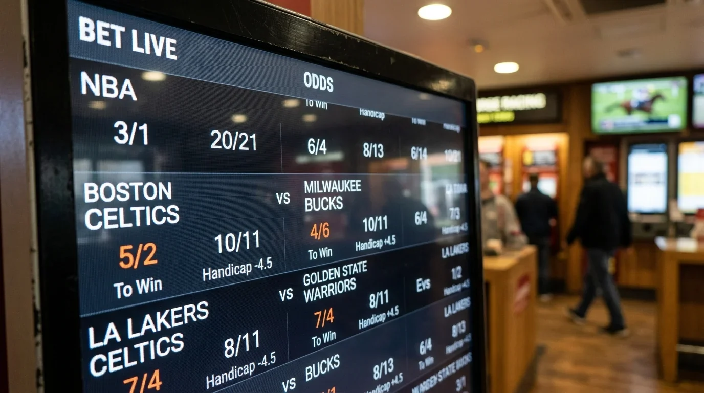 Close-up of a digital screen displaying NBA fractional odds at a UK sportsbook