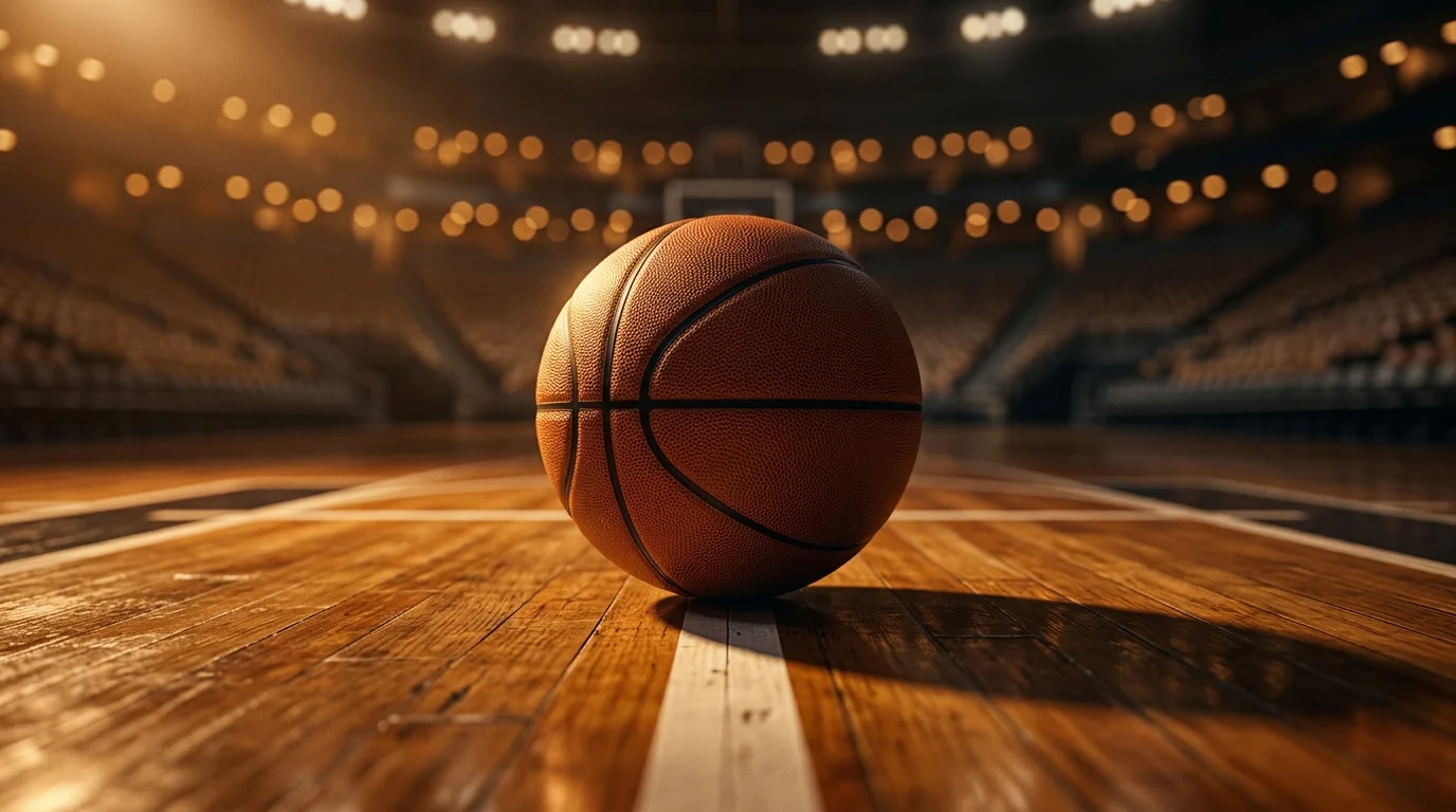 NBA basketball court with scoreboard showing betting odds data overlay