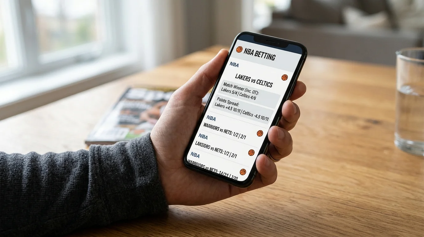 Person holding a smartphone with an NBA betting slip showing moneyline and spread options