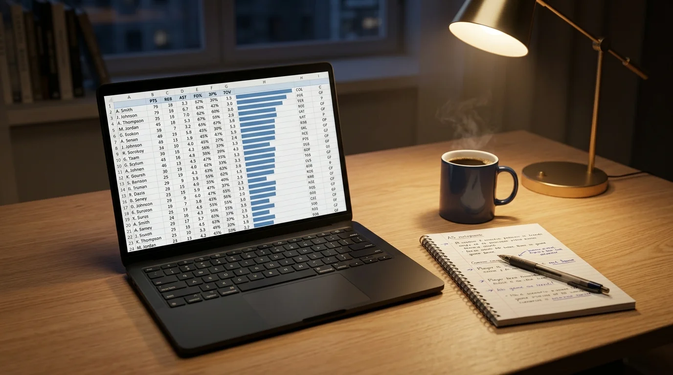 Laptop screen showing NBA player statistics and game data on a desk with notes