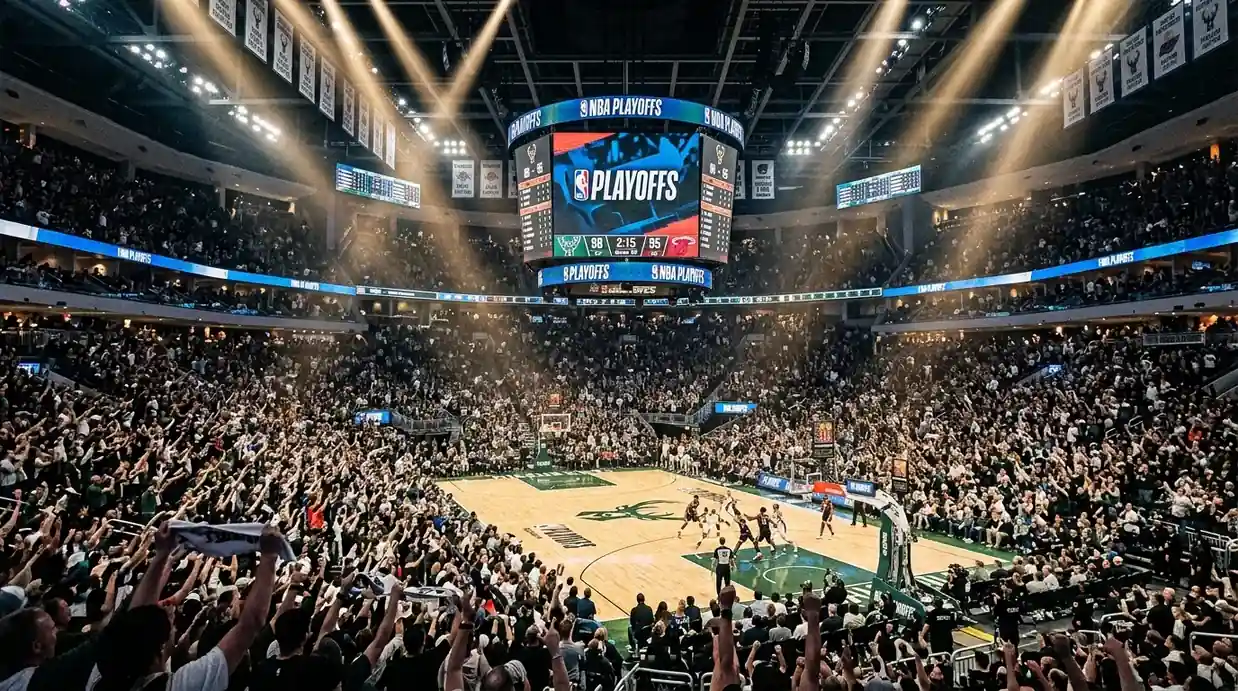 Packed NBA arena during a playoff game with dramatic lighting and a scoreboard visible